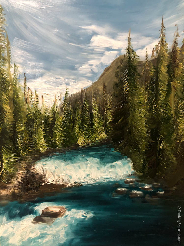 Waterfall and Pines Painting Glacier National Park